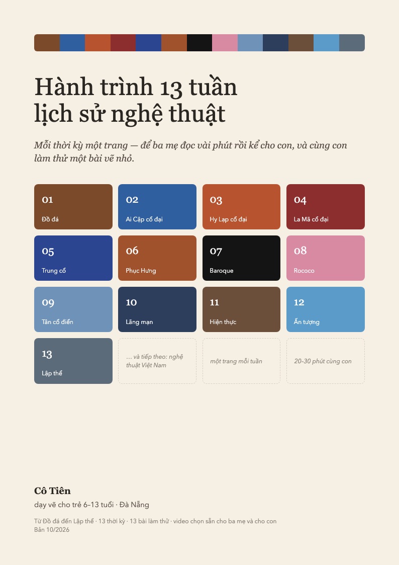 Bìa bộ tài liệu Hành trình 13 tuần lịch sử nghệ thuật, lưới 13 ô màu